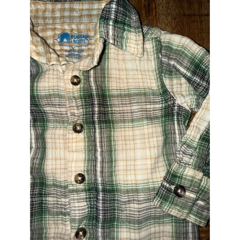 Rugged Butts Boys Green Tan Plaid Cotton Button Down Shirt 6-12M